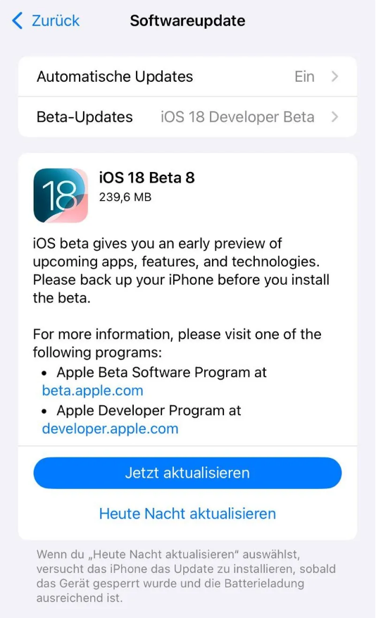 罗田苹果手机维修分享苹果 iOS / iPadOS 18 开发者预览版 Beta 8 发布 